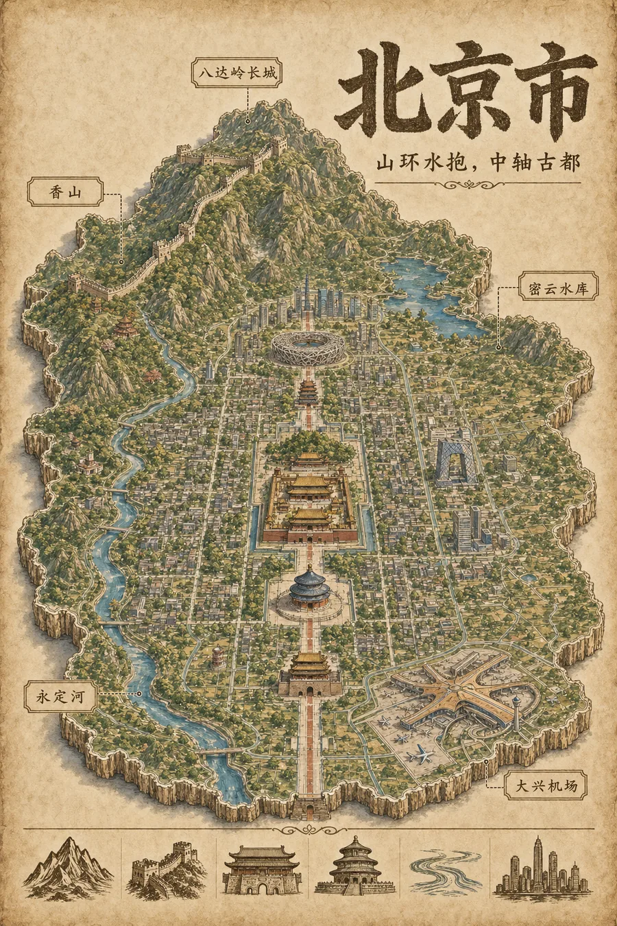 北京市复古立体手绘地理图