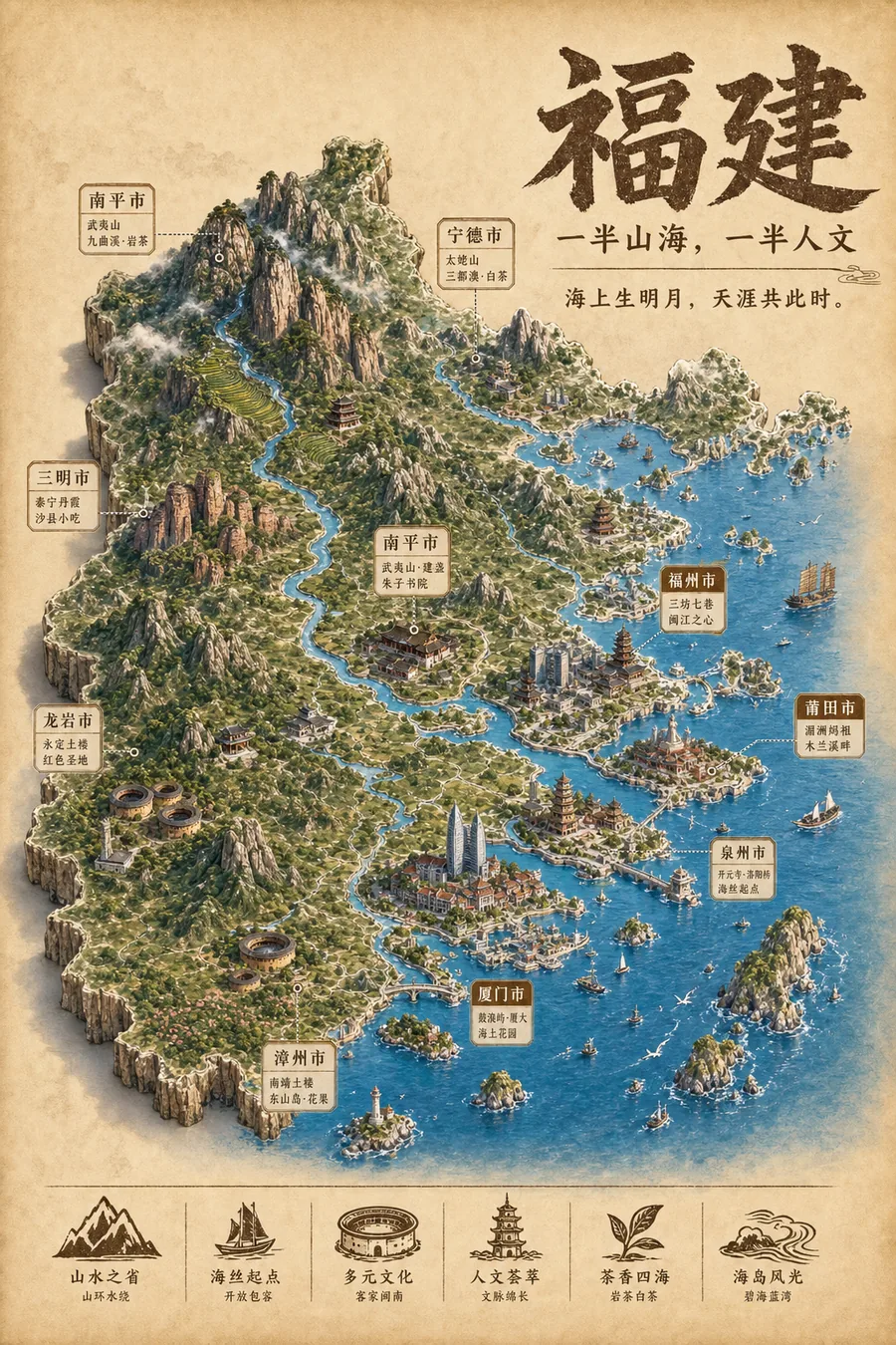 福建省复古立体手绘地理图