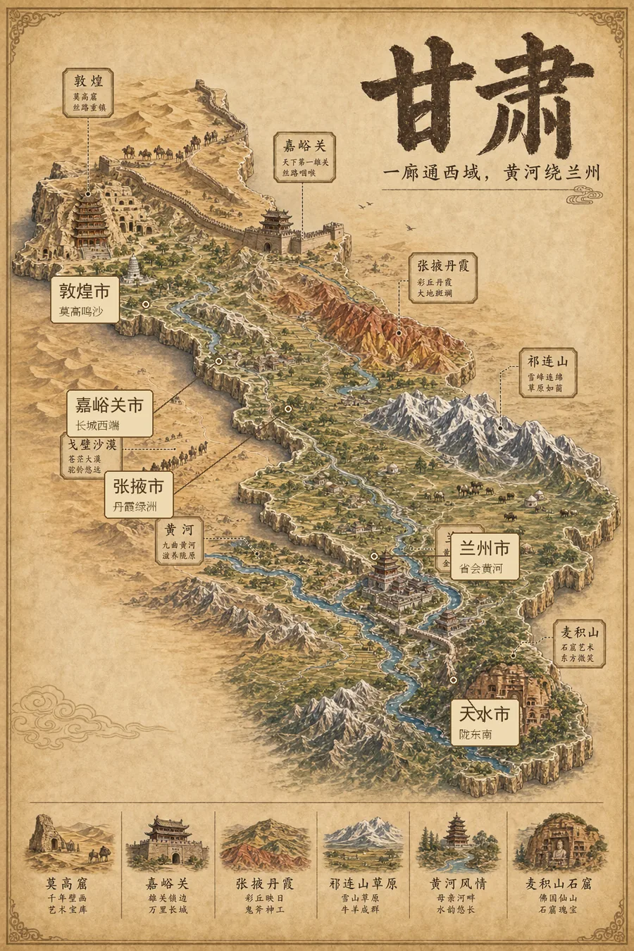 甘肃省复古立体手绘地理图