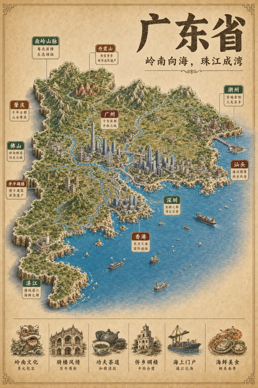 广东省复古立体手绘地理图