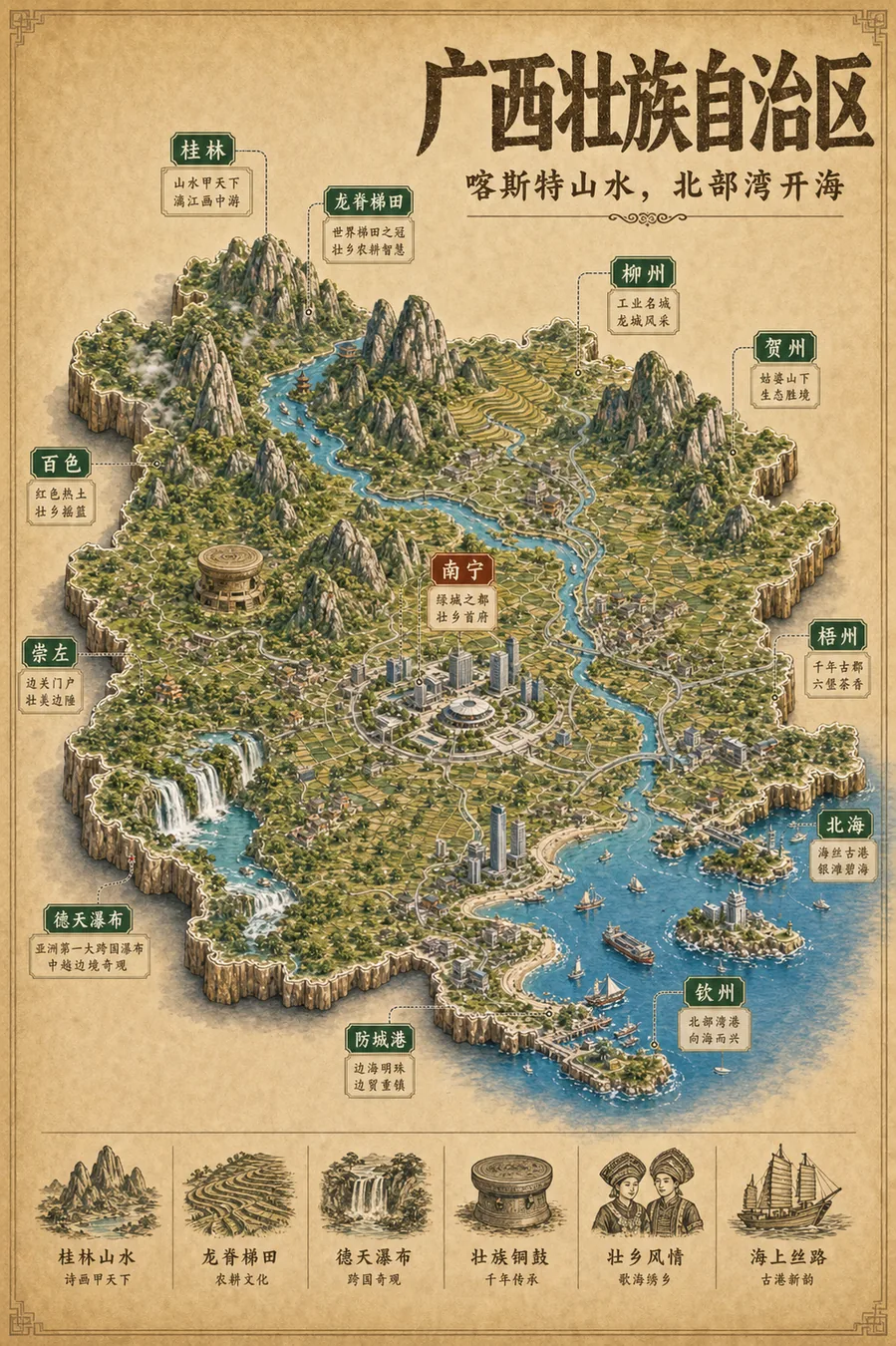 广西壮族自治区复古立体手绘地理图