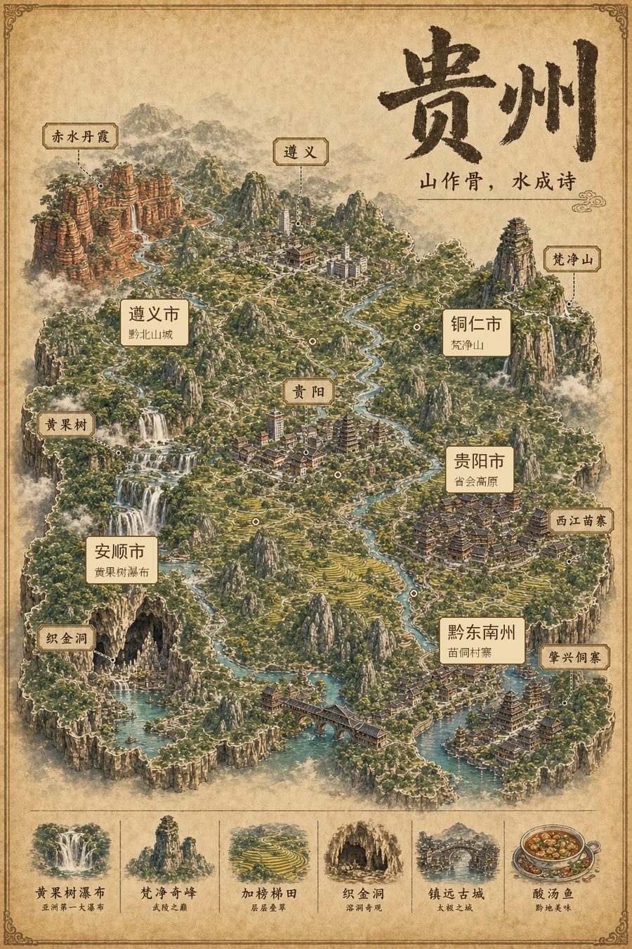 贵州省复古立体手绘地理图