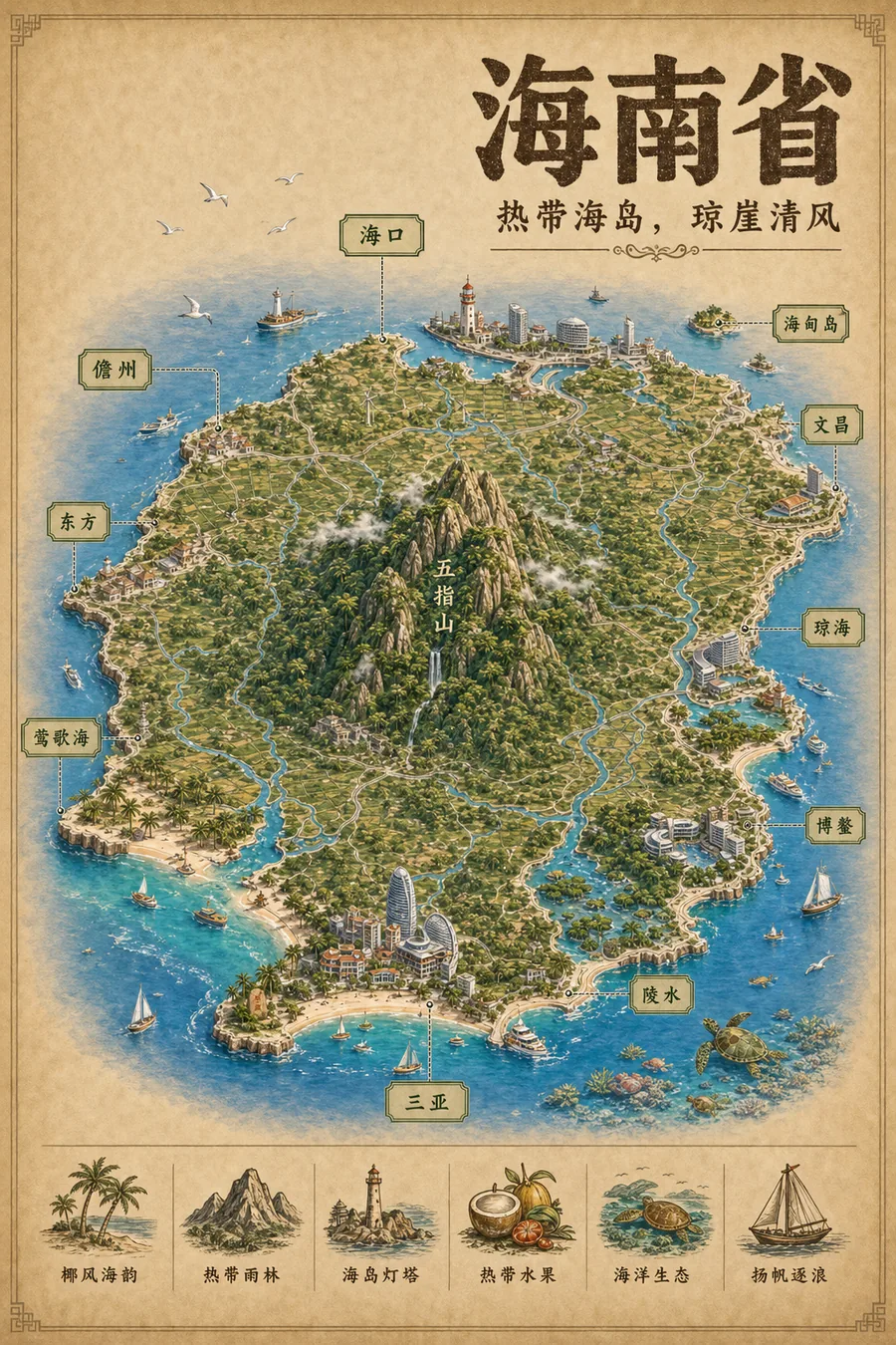 海南省复古立体手绘地理图