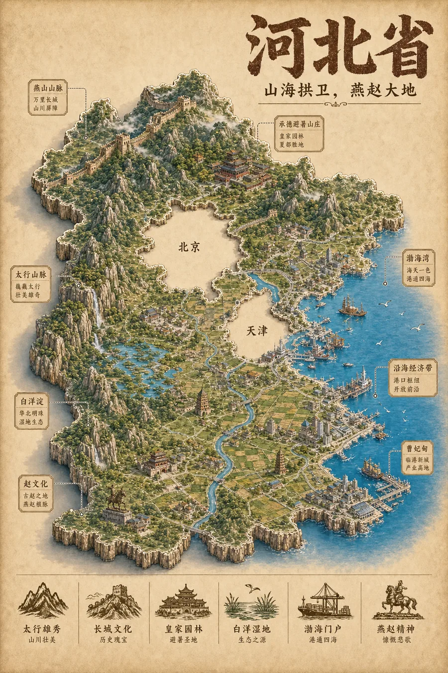 河北省复古立体手绘地理图