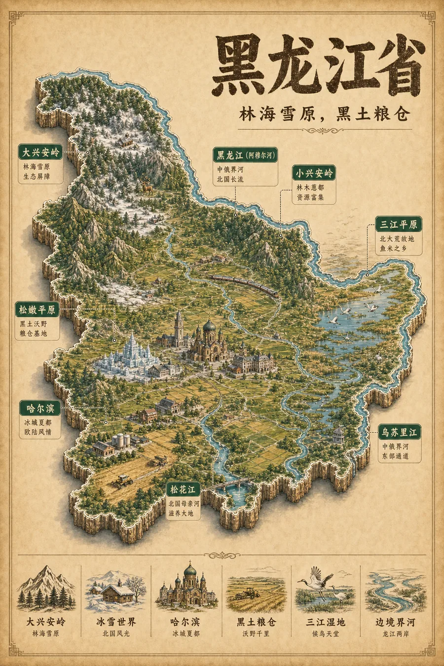 黑龙江省复古立体手绘地理图
