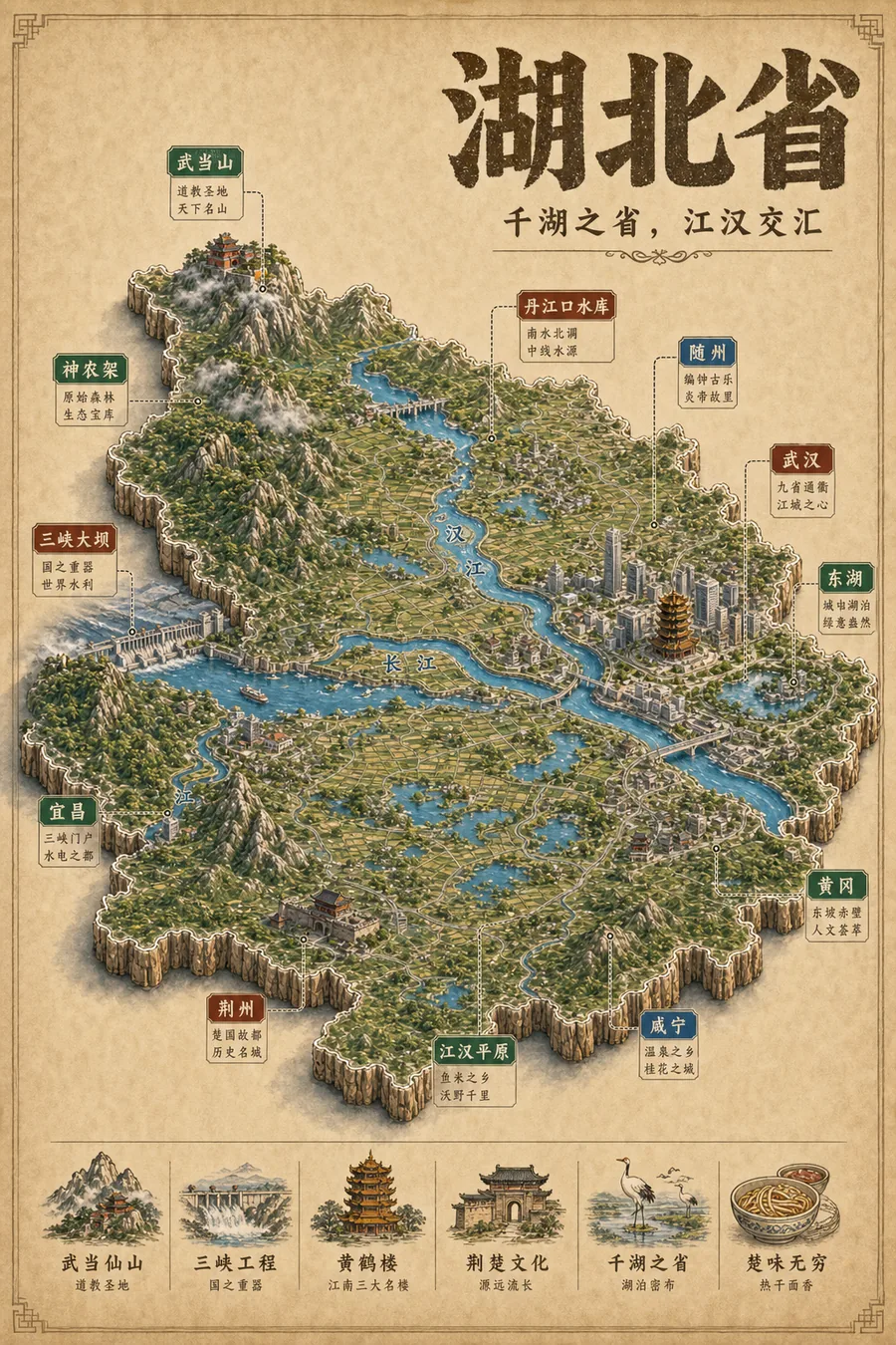 湖北省复古立体手绘地理图