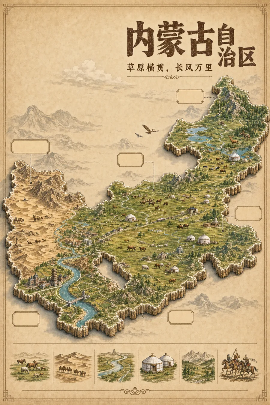 内蒙古自治区复古立体手绘地理图
