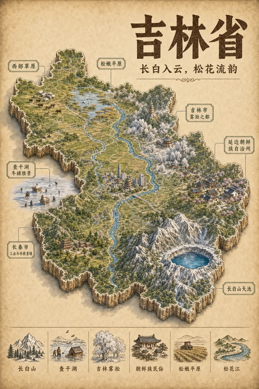 吉林省复古立体手绘地理图