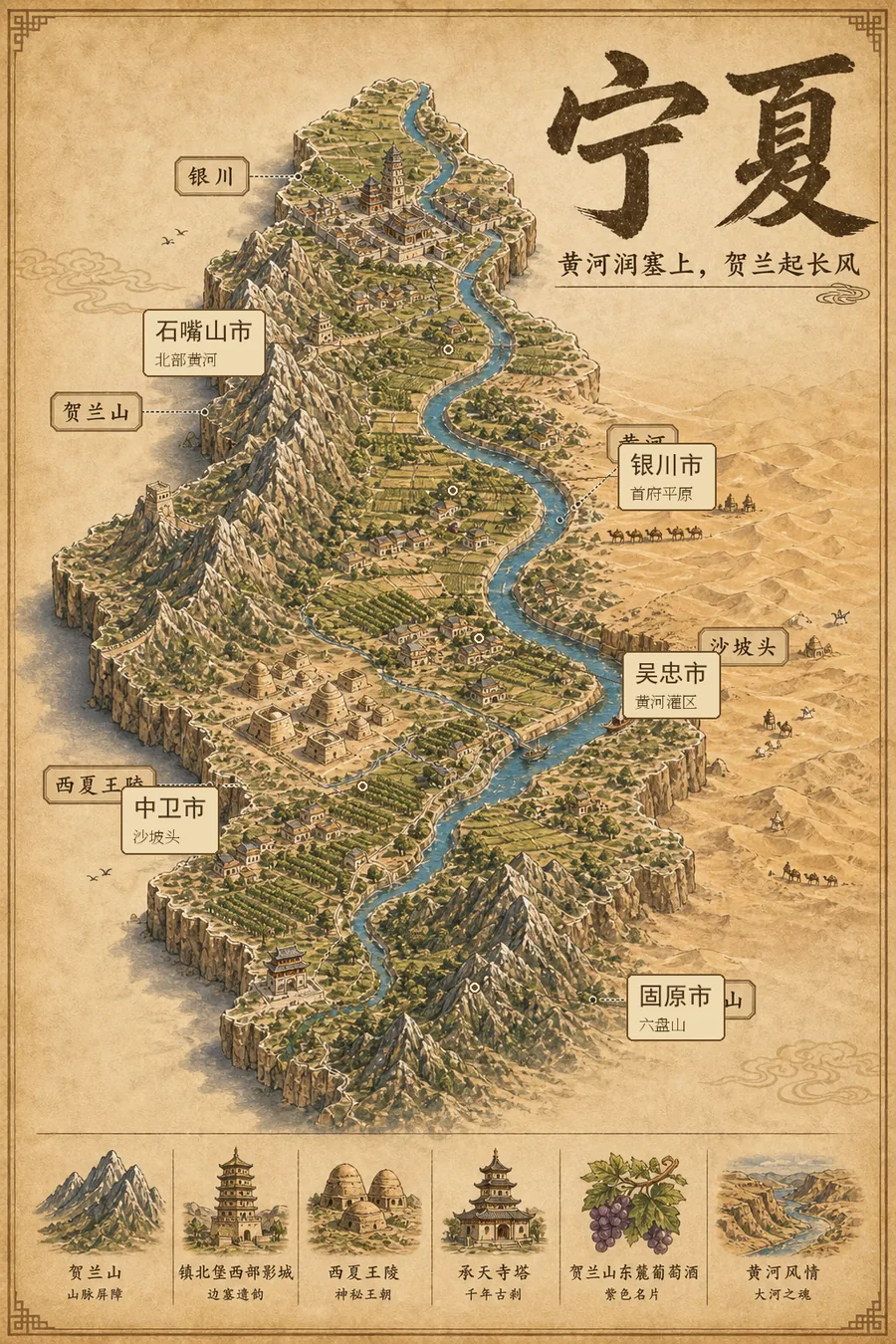 宁夏回族自治区复古立体手绘地理图