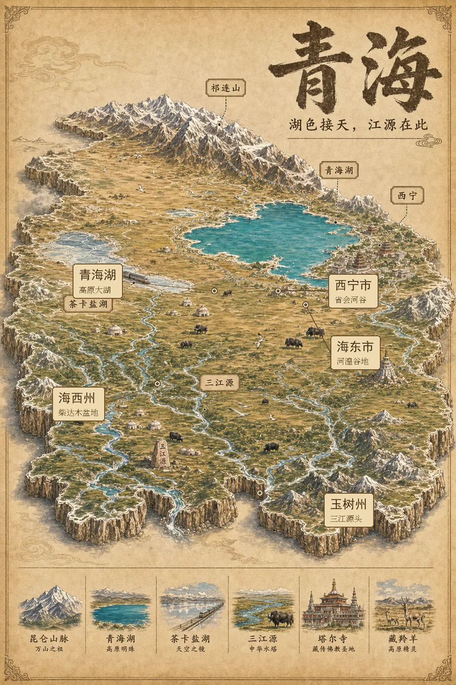 青海省复古立体手绘地理图