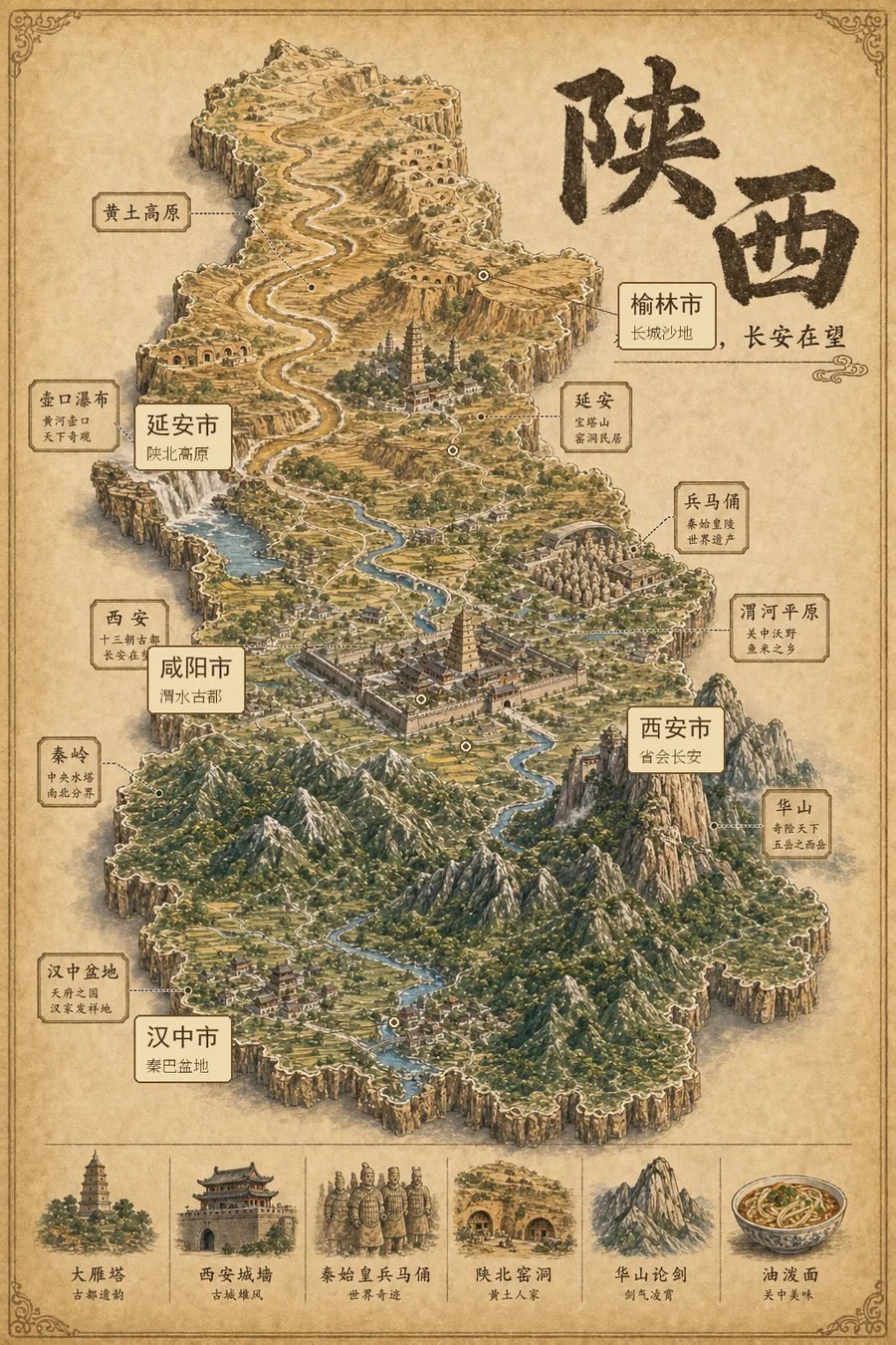 陕西省复古立体手绘地理图