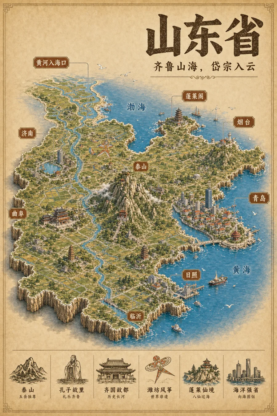 山东省复古立体手绘地理图