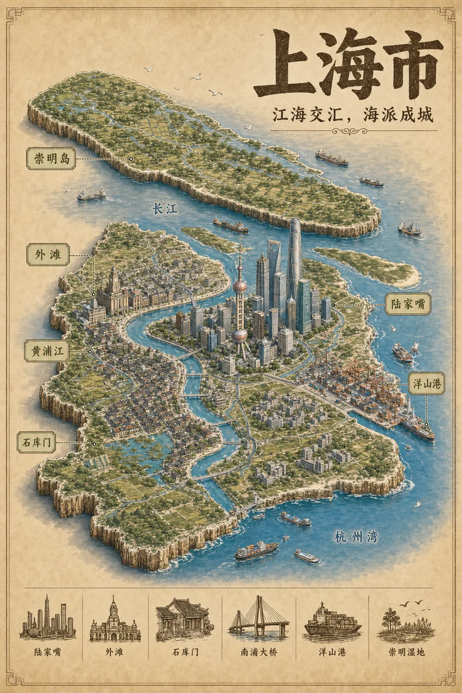 上海市复古立体手绘地理图