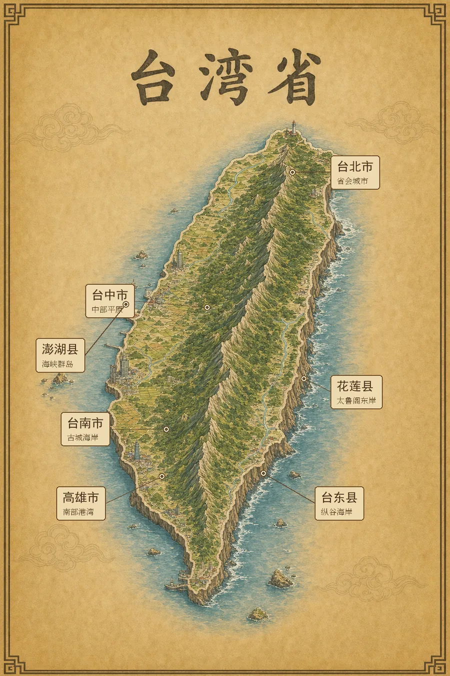台湾省复古立体手绘地理图