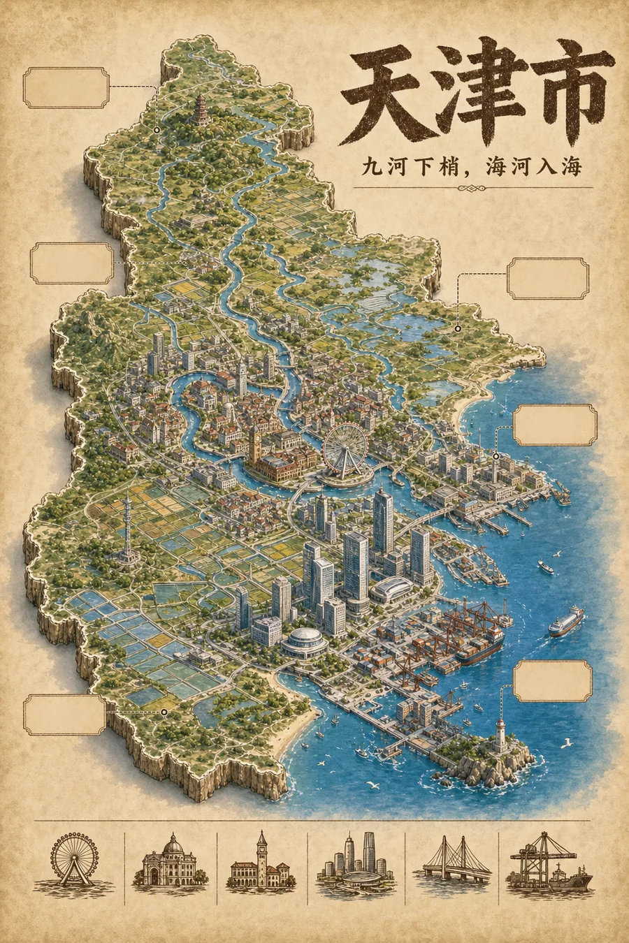 天津市复古立体手绘地理图