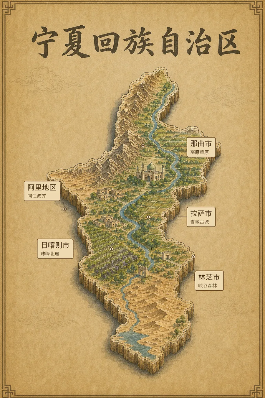西藏自治区复古立体手绘地理图