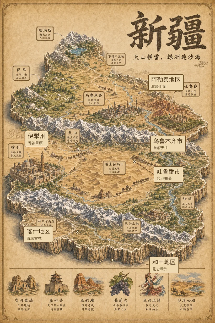 新疆维吾尔自治区复古立体手绘地理图