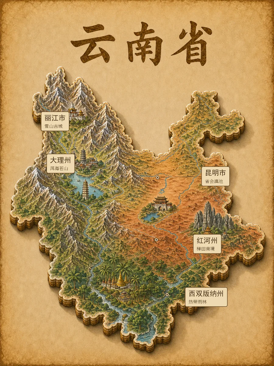 云南省复古立体手绘地理图