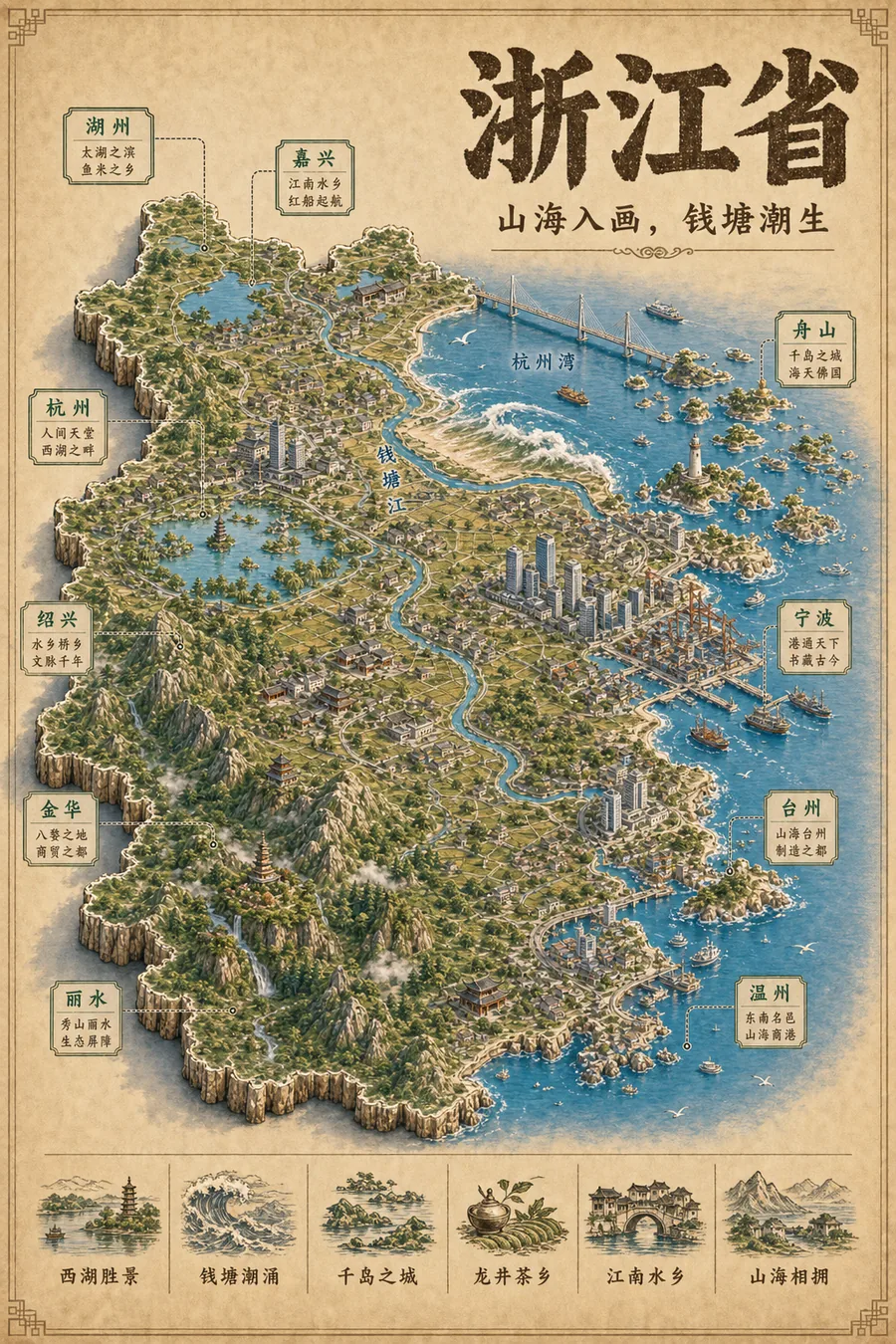 浙江省复古立体手绘地理图